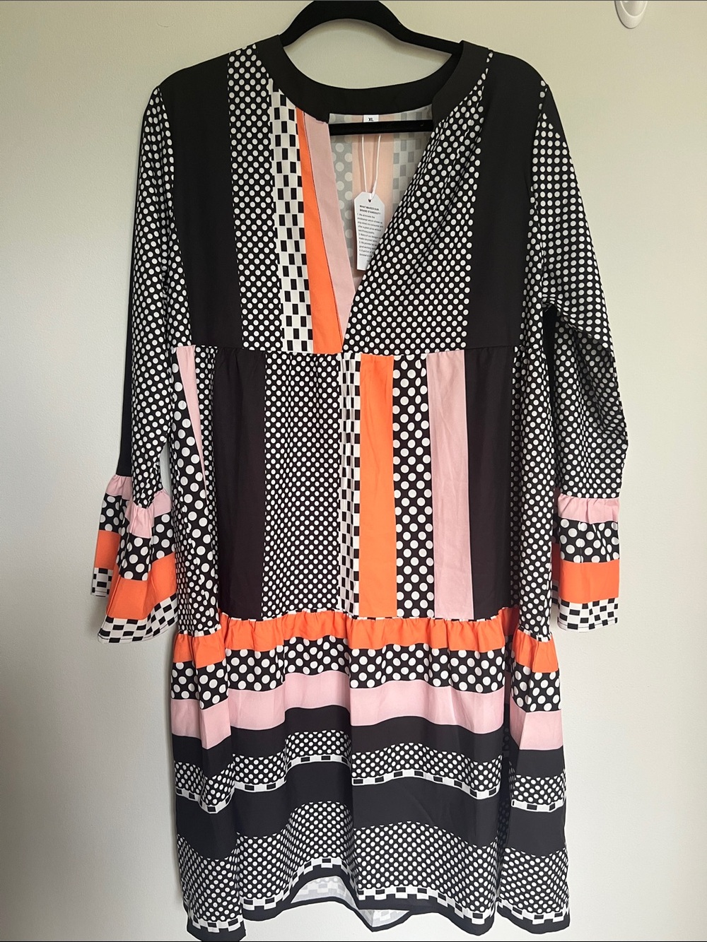 Polka Dot & Stripe Long Sleeve Dress in Black, Pink & Orange